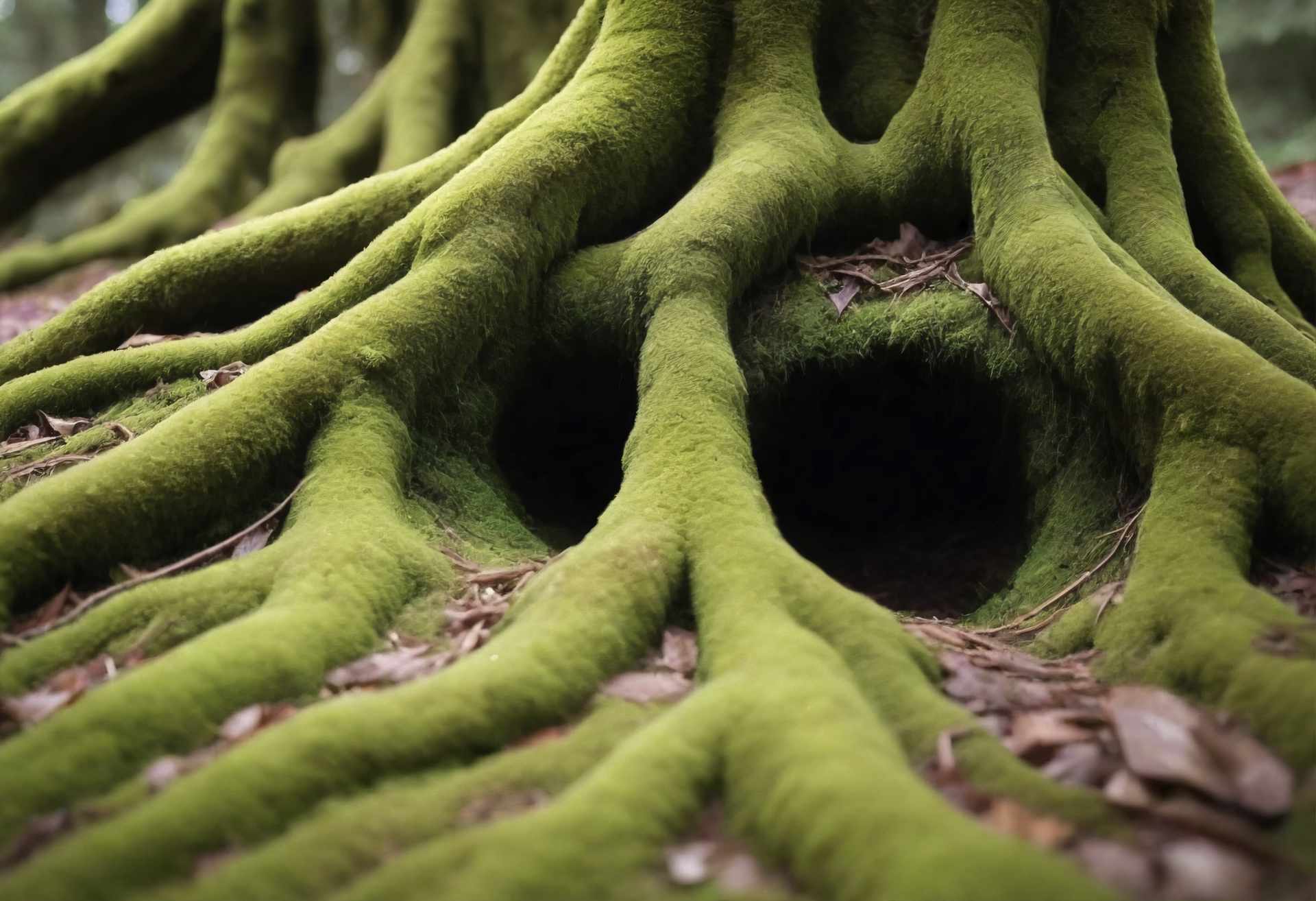 Grandes racines couvertes de mousse dans la forêt