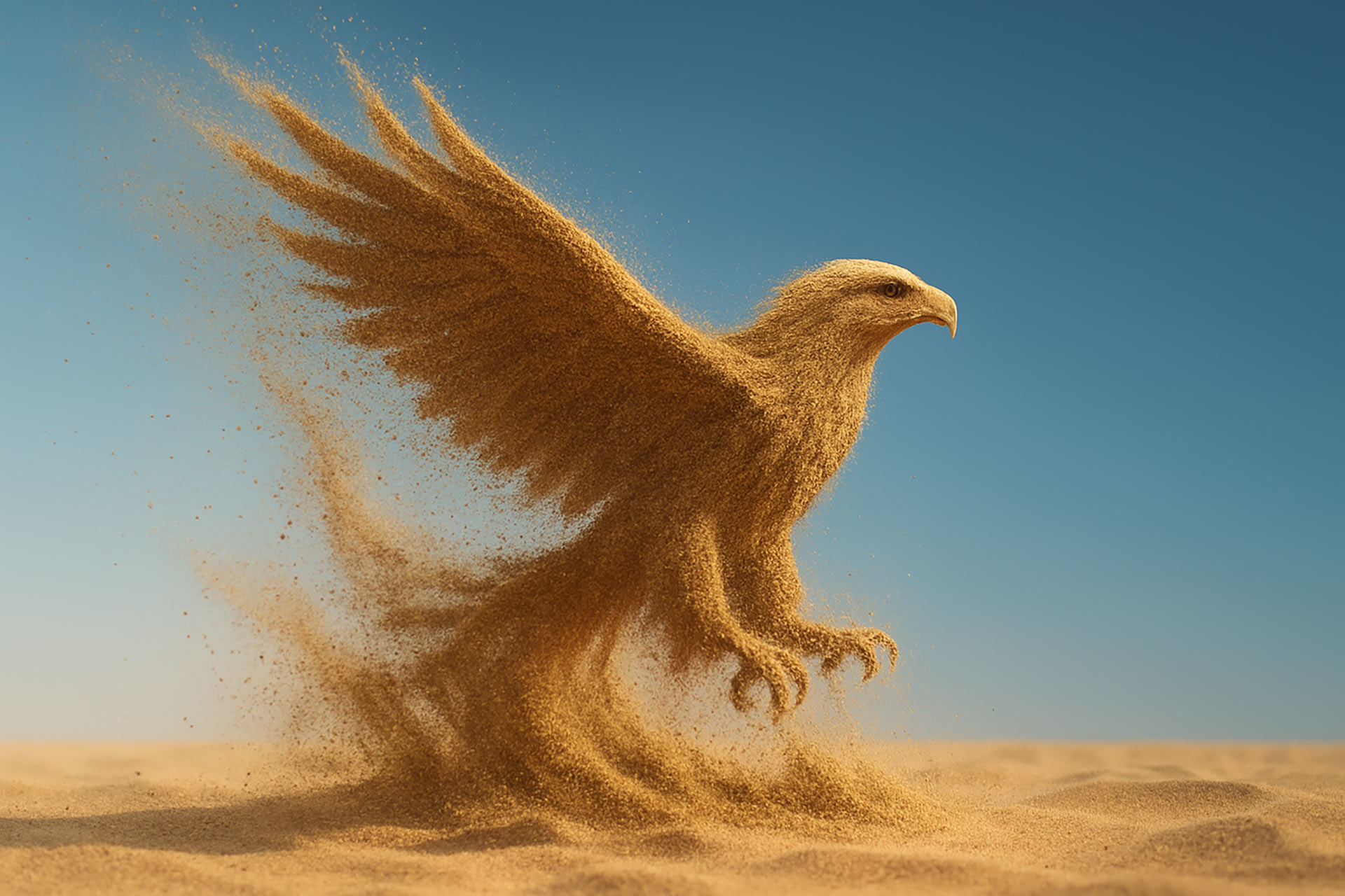 Aigle prenant forme dans le sable, symbole de mouvement et de transformation